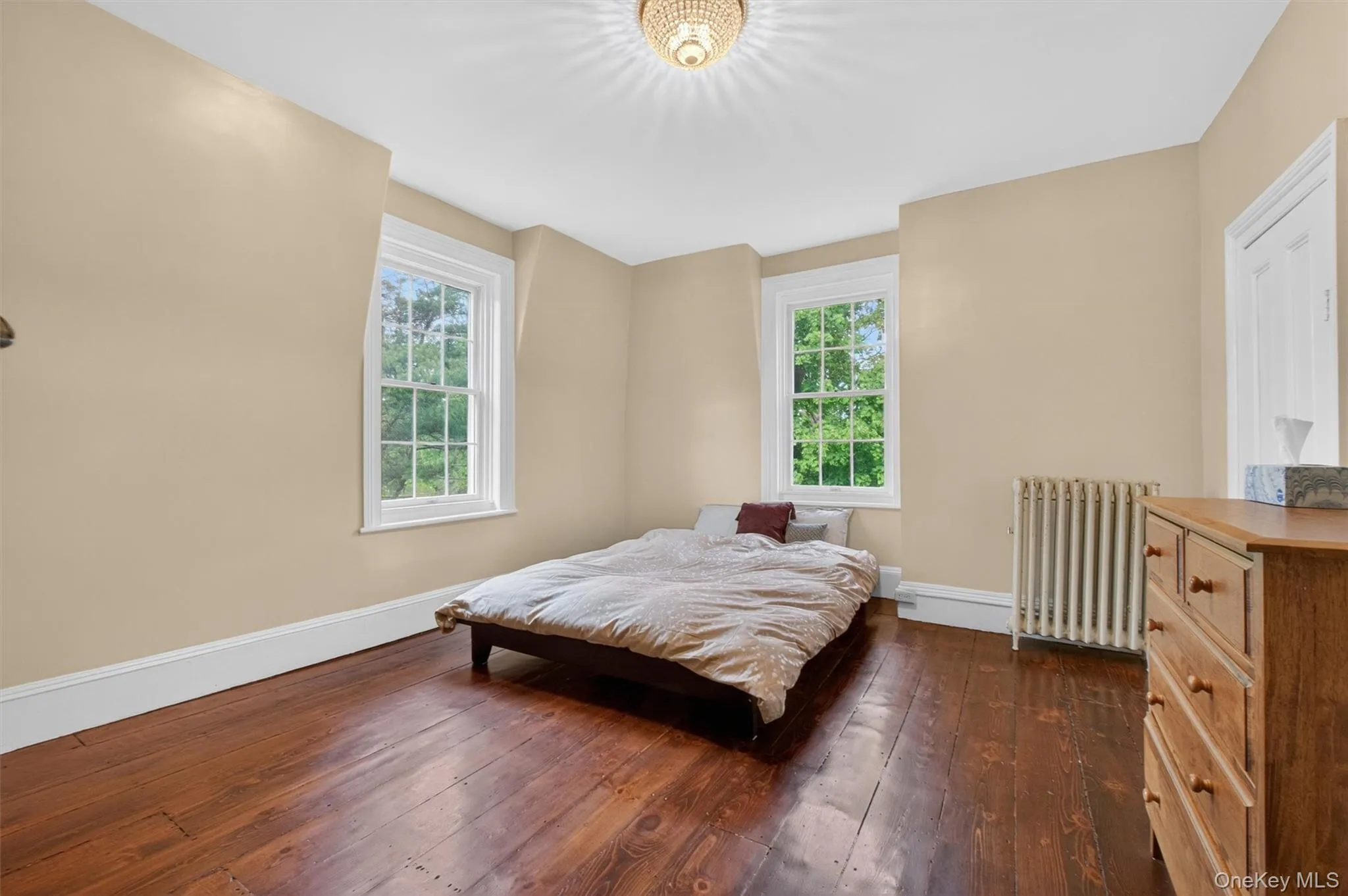 Room featuring wide-plank wood flooring, light-toned walls, white trim,closet, and large windows. Room featuring wide-plank wood flooring, light-toned walls, white trim,closet, and large windows.