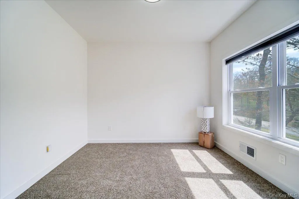 Bright interior room featuring a large window with roller shades, neutral carpeting, and white baseboards Bright interior room featuring a large window with roller shades, neutral carpeting, and white baseboards