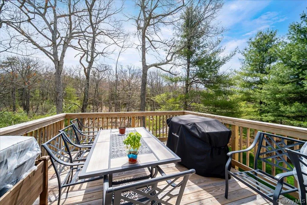 Spacious outdoor deck with natural wood flooring and railing, surrounded by mature trees Spacious outdoor deck with natural wood flooring and railing, surrounded by mature trees