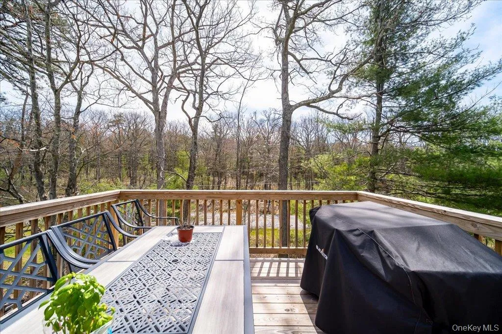 Spacious outdoor deck with natural wood railing and flooring Spacious outdoor deck with natural wood railing and flooring