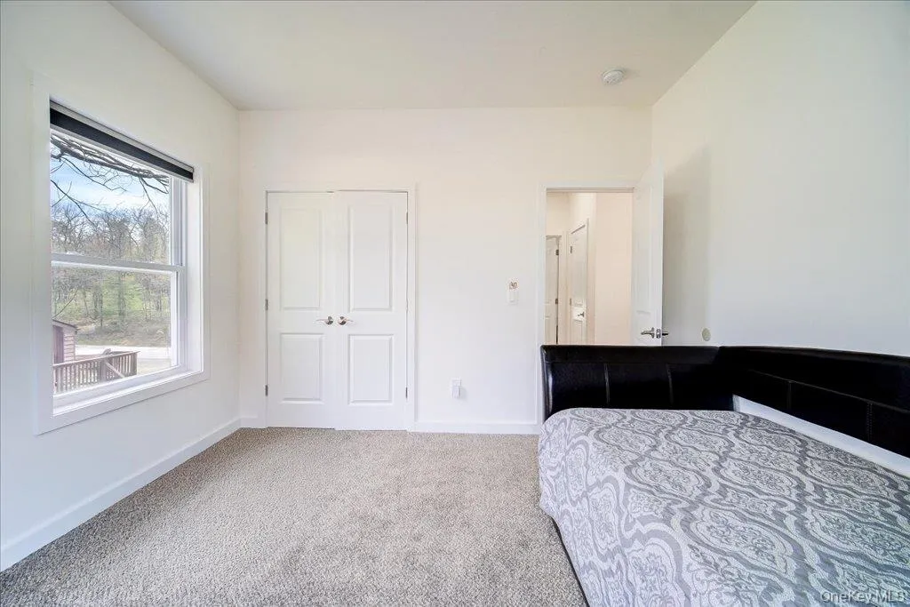 Carpeted room featuring a double-hung window, a double-door closet, and white baseboards Carpeted room featuring a double-hung window, a double-door closet, and white baseboards