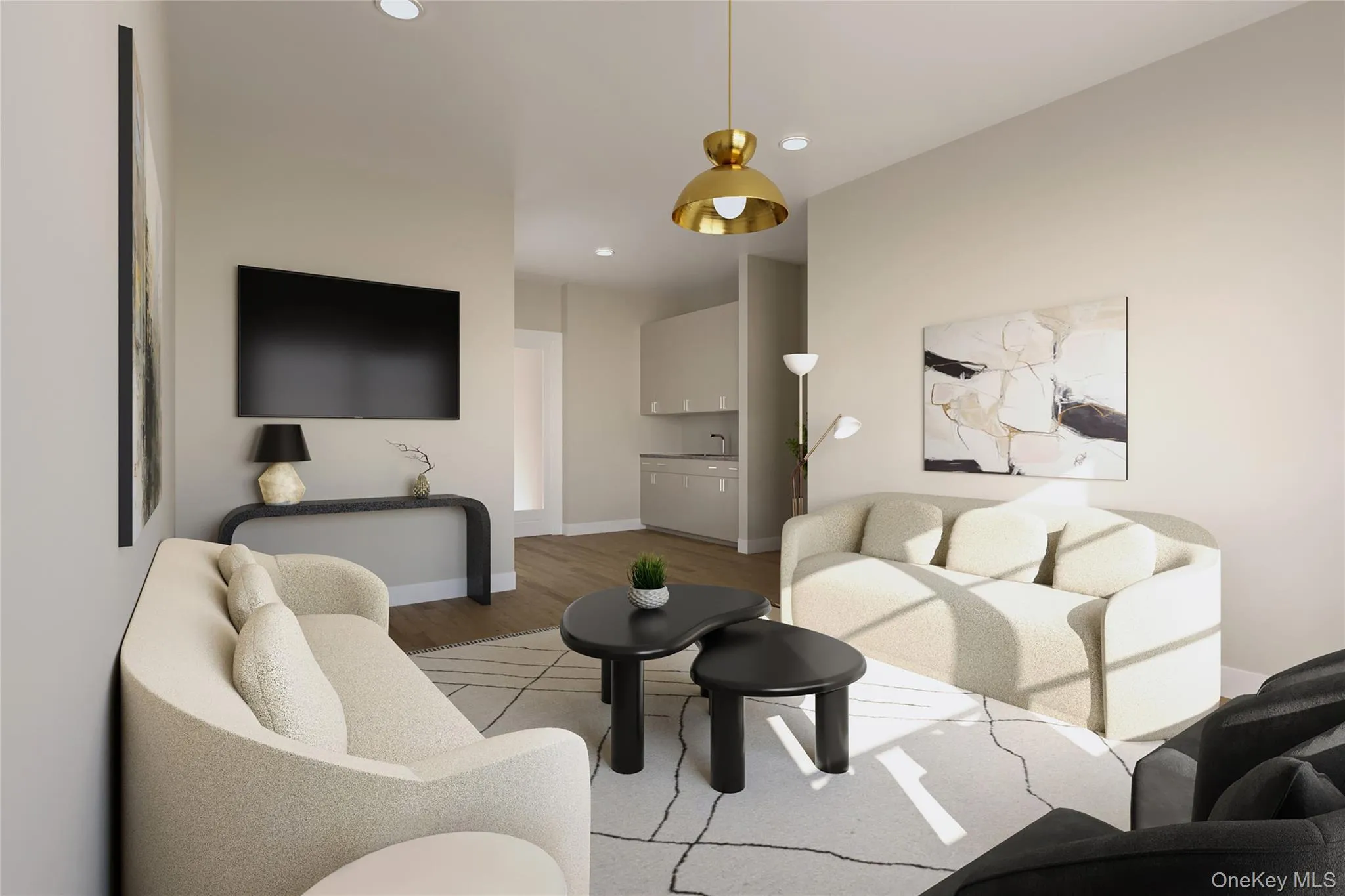 Living room with light wood-style floors, baseboards, and recessed lighting Living room with light wood-style floors, baseboards, and recessed lighting