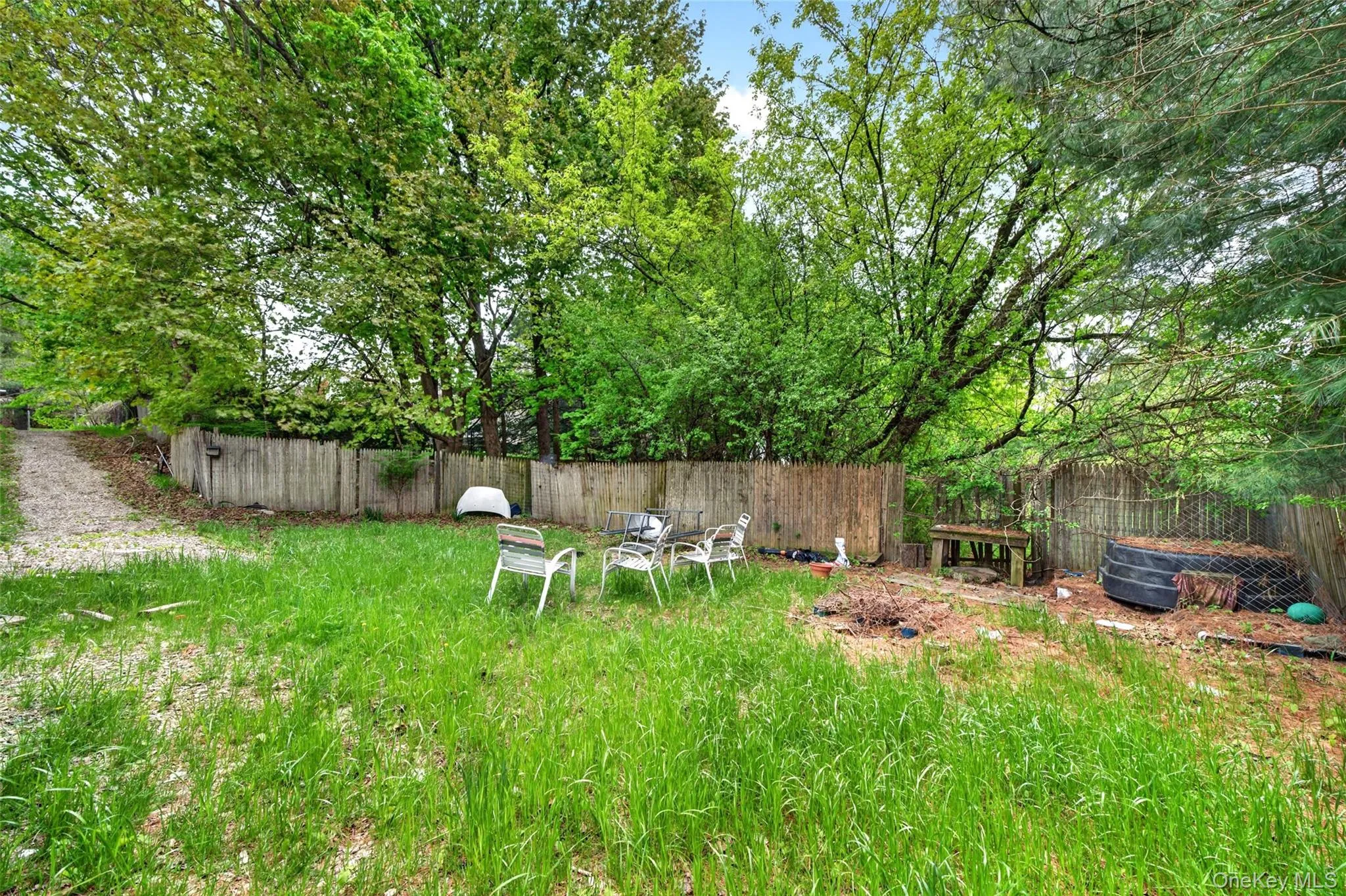 Expansive outdoor area featuring mature trees, a wooden privacy fence, and a gravel pathway Expansive outdoor area featuring mature trees, a wooden privacy fence, and a gravel pathway
