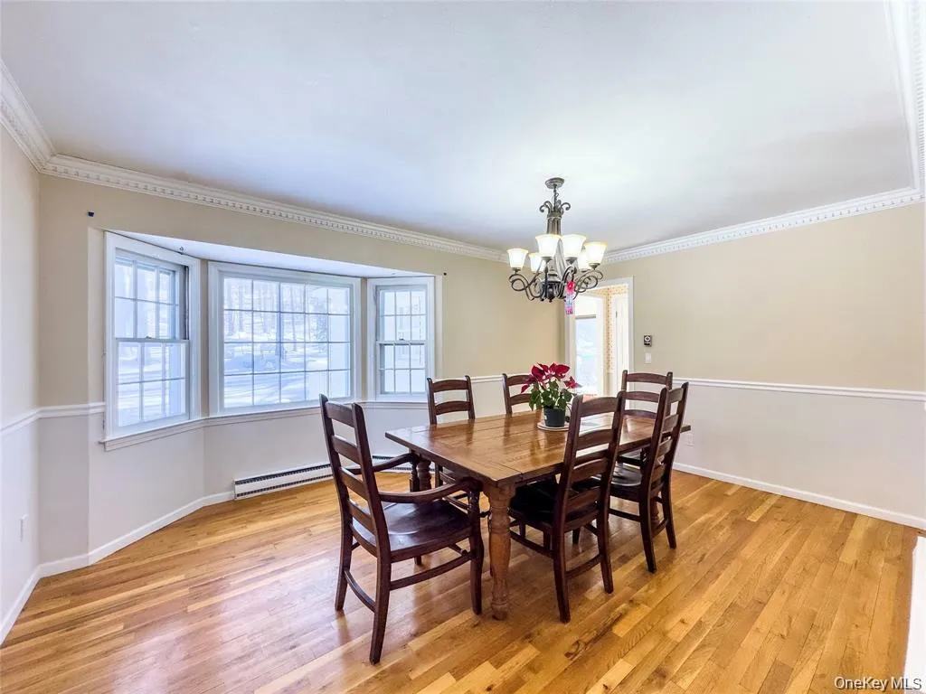 Dining area featuring a bay window with grid-patterned panes, wood-finish flooring, decorative crown molding, wainscoting, and a multi-light chandelier Dining area featuring a bay window with grid-patterned panes, wood-finish flooring, decorative crown molding, wainscoting, and a multi-light chandelier