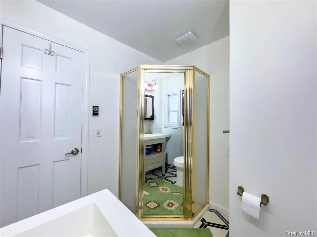 Bathroom featuring a gold-framed glass shower enclosure, white paneled door, and a geometric black and white tile floor Bathroom featuring a gold-framed glass shower enclosure, white paneled door, and a geometric black and white tile floor