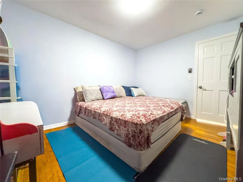 Light blue walls complement the wood-finish flooring in this room, featuring a white paneled door with a silver knob and a surface-mounted ceiling light fixture Light blue walls complement the wood-finish flooring in this room, featuring a white paneled door with a silver knob and a surface-mounted ceiling light fixture