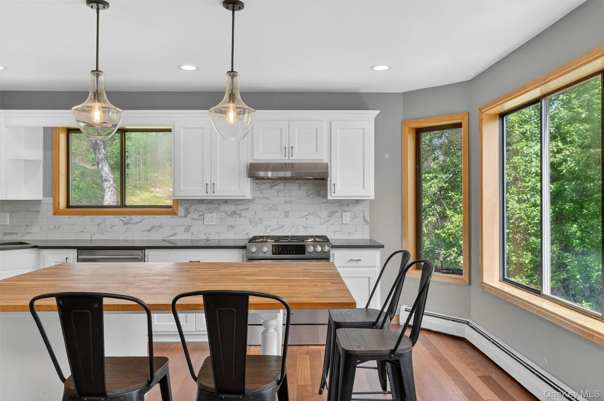 Kitchen featuring white cabinetry, dark countertops, a subway tile backsplash, stainless steel appliances, butcher block island, wood-finish flooring and a view of the outdoors. Kitchen featuring white cabinetry, dark countertops, a subway tile backsplash, stainless steel appliances, butcher block island, wood-finish flooring and a view of the outdoors.