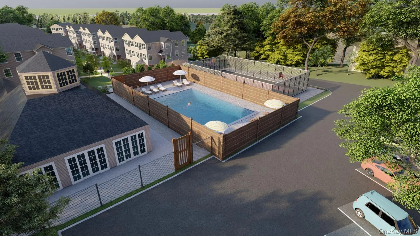 Outdoor pool area featuring a perimeter fence, surrounding patio with lounge chairs and umbrellas, and a detached pool house with multiple French doors Outdoor pool area featuring a perimeter fence, surrounding patio with lounge chairs and umbrellas, and a detached pool house with multiple French doors