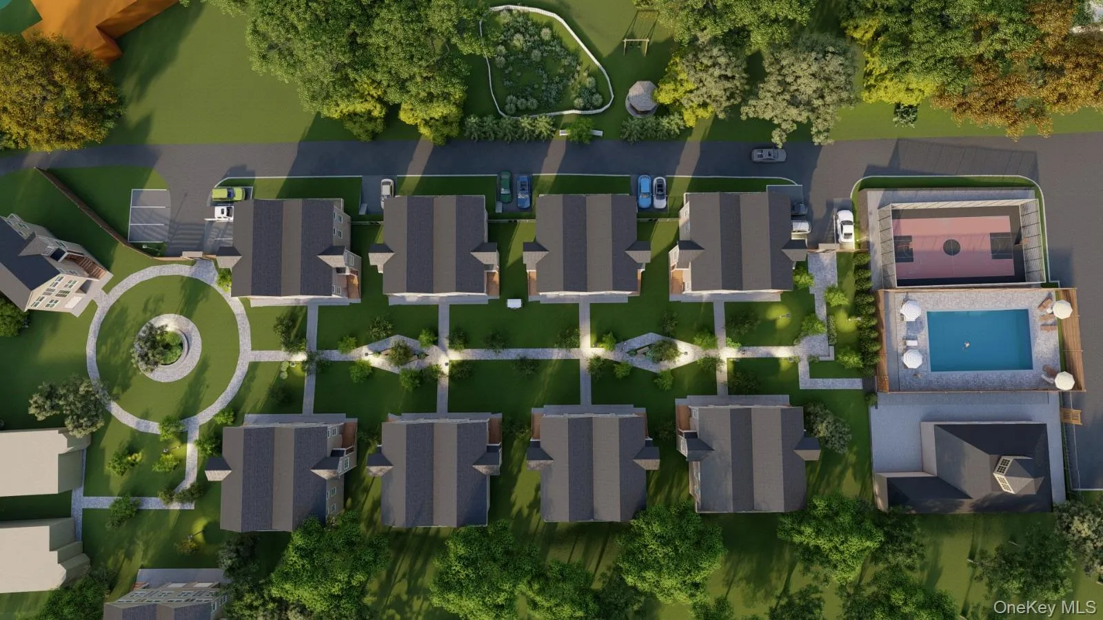 Development featuring multiple residential structures, a central circular green space, a rectangular swimming pool, and a sports court Development featuring multiple residential structures, a central circular green space, a rectangular swimming pool, and a sports court