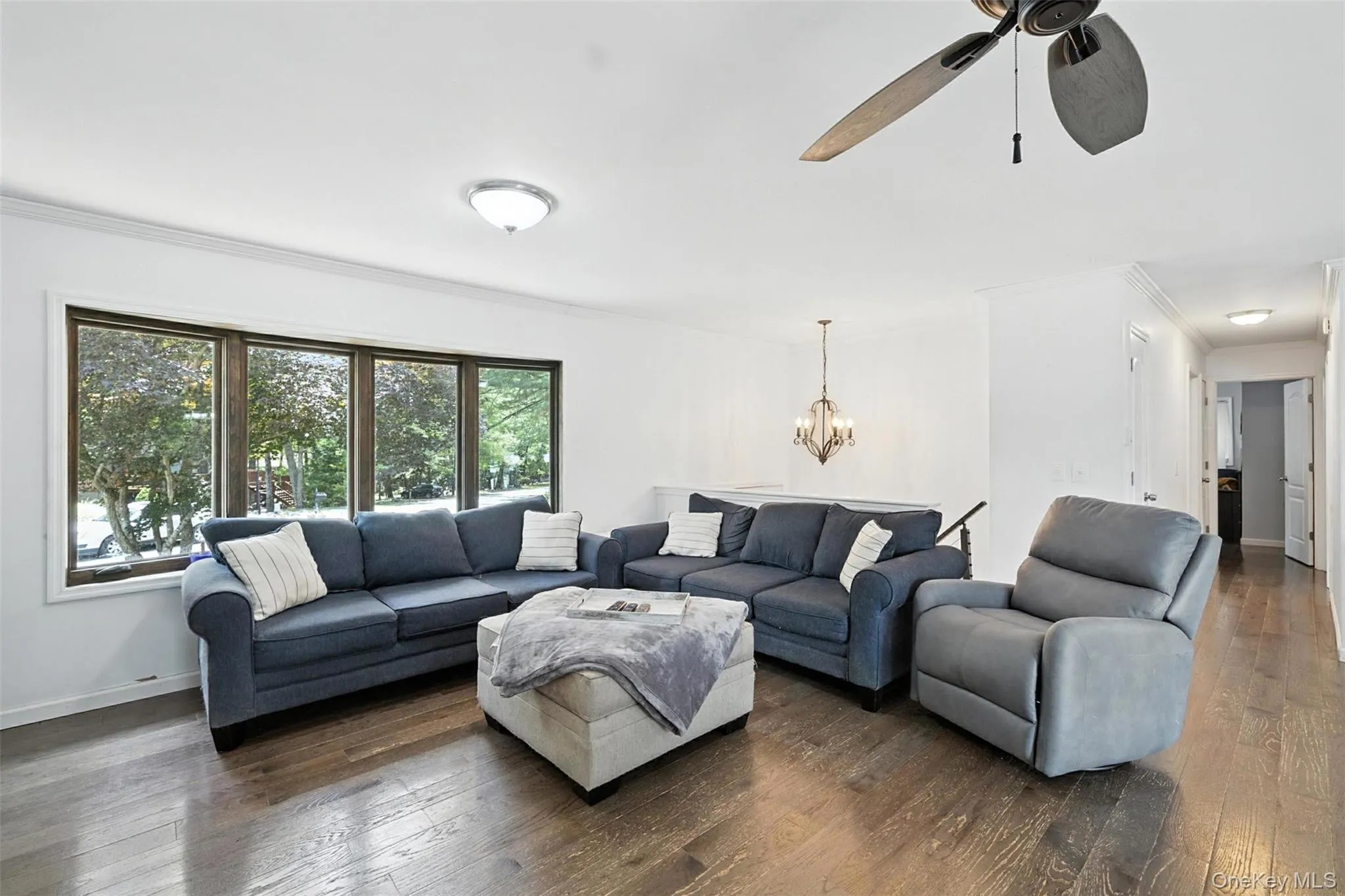 Living area featuring ornamental molding, a chandelier, dark wood-style floors, and a ceiling fan Living area featuring ornamental molding, a chandelier, dark wood-style floors, and a ceiling fan