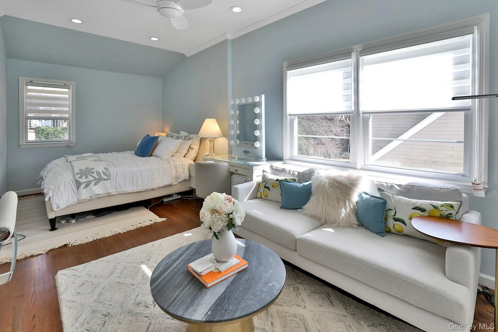 2nd floor primary bedroom with ceiling fan, ornamental molding, and dark hardwood / wood-style floors 2nd floor primary bedroom with ceiling fan, ornamental molding, and dark hardwood / wood-style floors