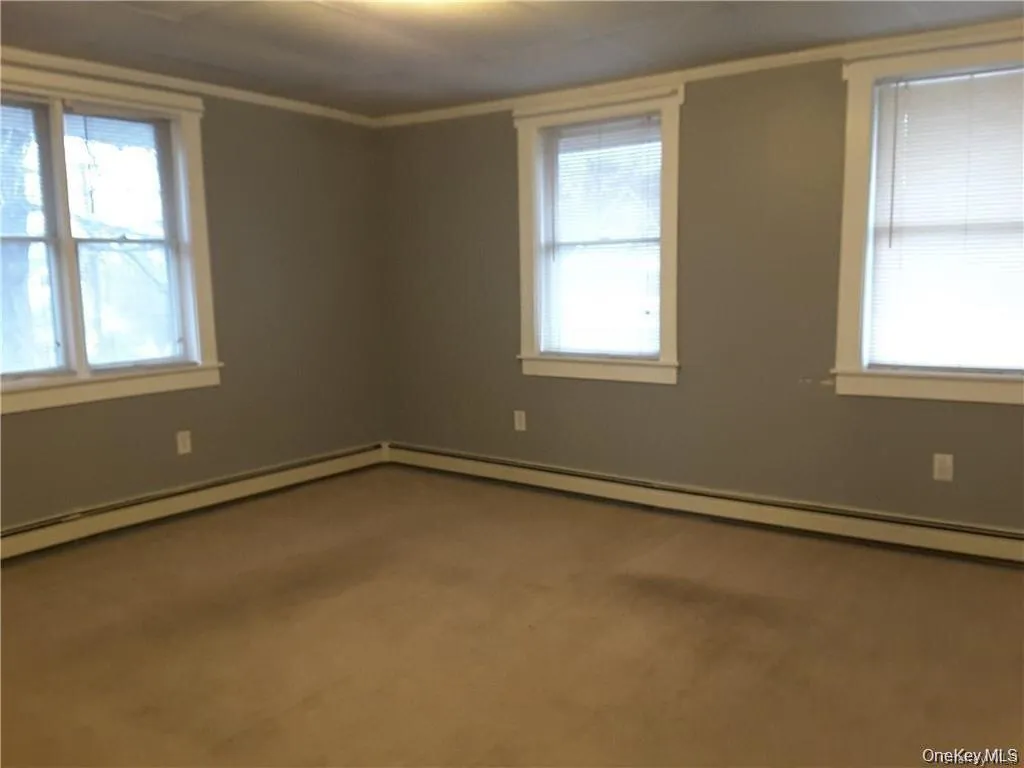 Room featuring light brown carpeting, light gray walls, white trim, and multiple windows with blinds Room featuring light brown carpeting, light gray walls, white trim, and multiple windows with blinds