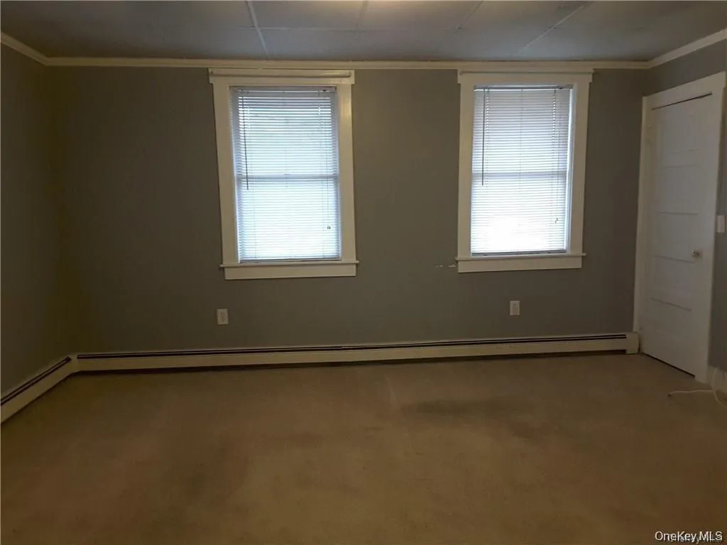 Spacious interior featuring two windows with white trim, a paneled door, and baseboard heating Spacious interior featuring two windows with white trim, a paneled door, and baseboard heating