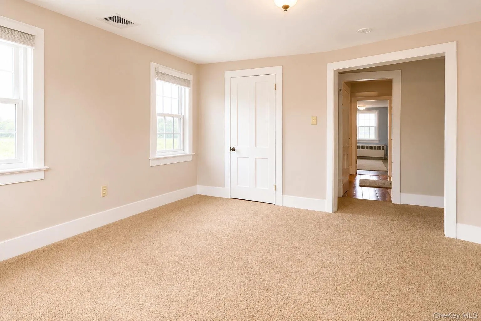 Spacious bedroom with carpeted flooring, natural lighting and freshly painted walls Spacious bedroom with carpeted flooring, natural lighting and freshly painted walls