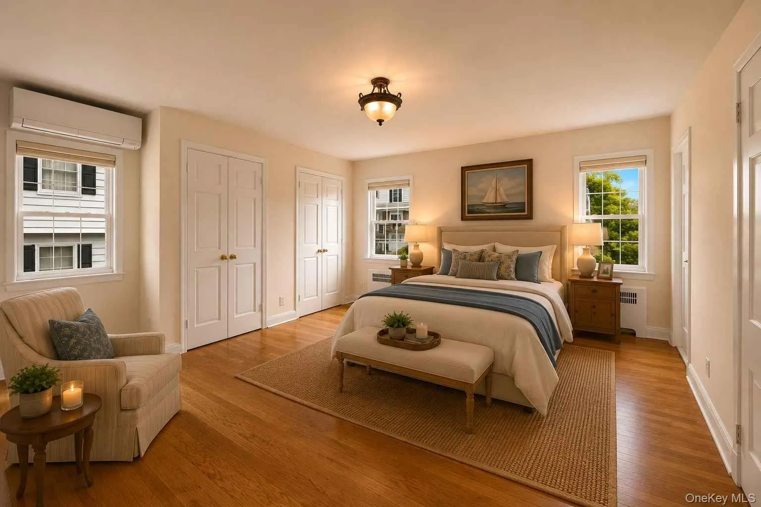 Primary Bedroom virtually staged, 2 large closets on the left. Primary Bedroom virtually staged, 2 large closets on the left.