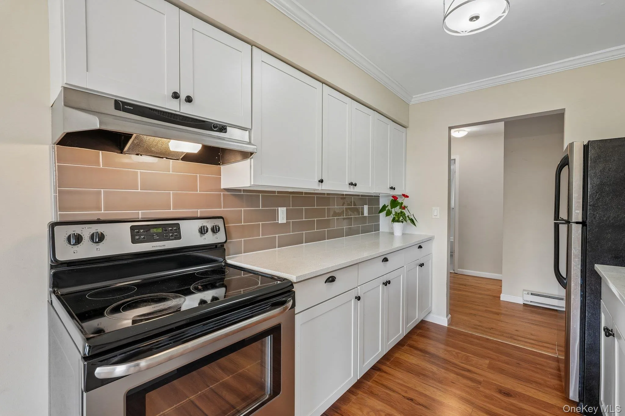 Stainless Appliances, Quartz, Glass Backsplash & White Cabinetry Stainless Appliances, Quartz, Glass Backsplash & White Cabinetry
