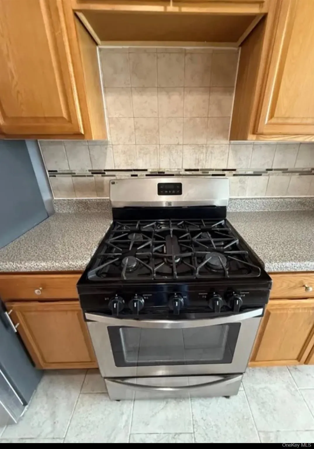 Stainless steel range with a gas cooktop, set against a tiled backsplash with decorative accents Stainless steel range with a gas cooktop, set against a tiled backsplash with decorative accents