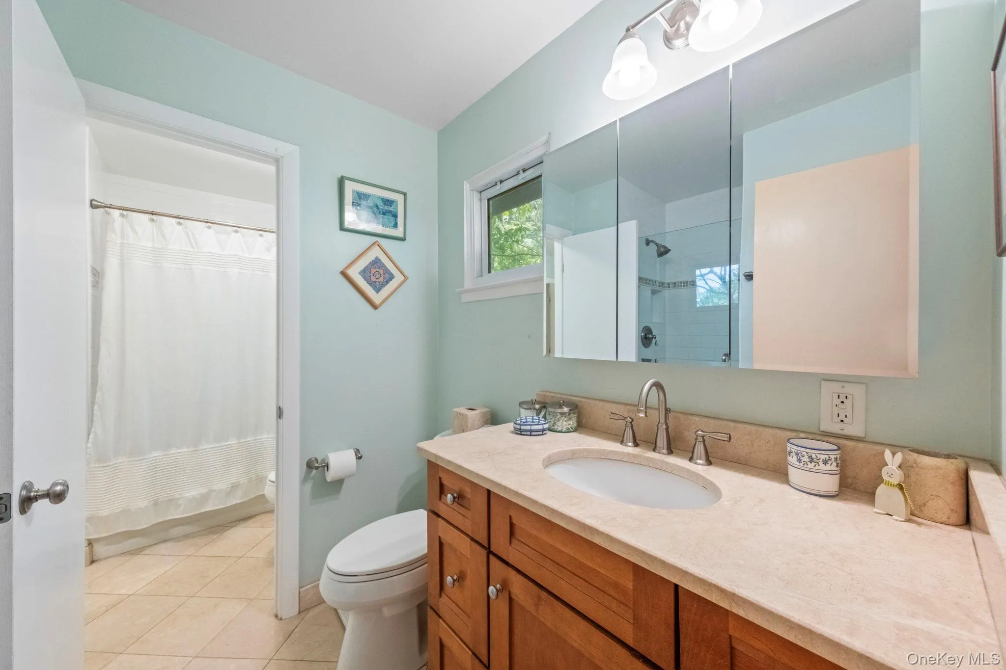 Bathroom featuring a wood-finish vanity with a light-colored countertop, an undermount sink, and a mirrored medicine cabinet. This bathroom has a shower Bathroom featuring a wood-finish vanity with a light-colored countertop, an undermount sink, and a mirrored medicine cabinet. This bathroom has a shower
