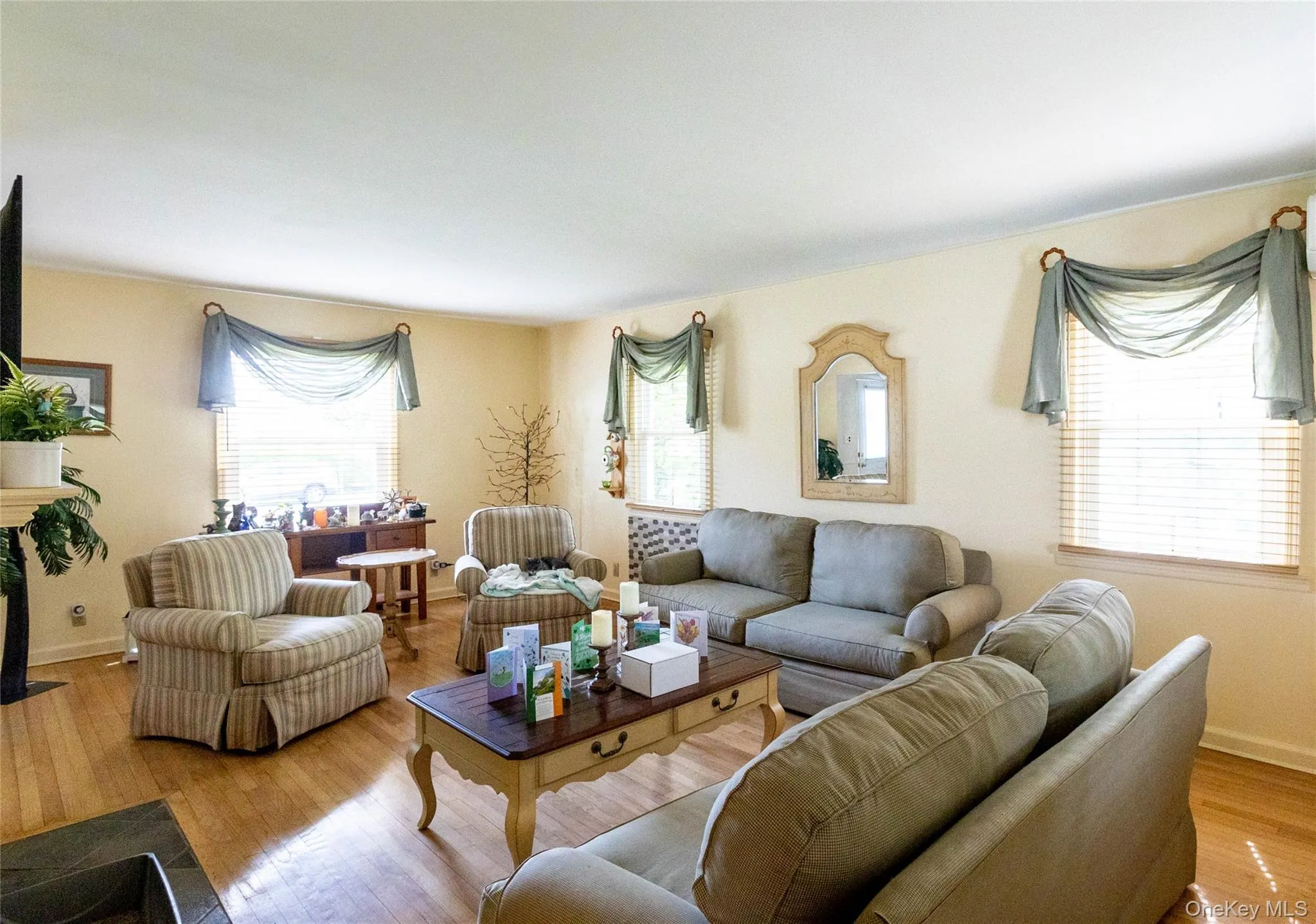 Spacious living area featuring light wood-finish flooring, multiple windows with blinds, a fireplace with a dark hearth, and light-colored walls Spacious living area featuring light wood-finish flooring, multiple windows with blinds, a fireplace with a dark hearth, and light-colored walls