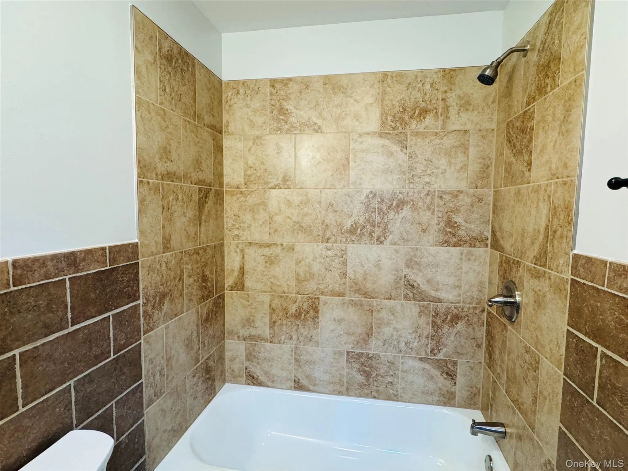 Bathtub with a tiled shower, subway tiled walls and grey painted walls. Bathtub with a tiled shower, subway tiled walls and grey painted walls.