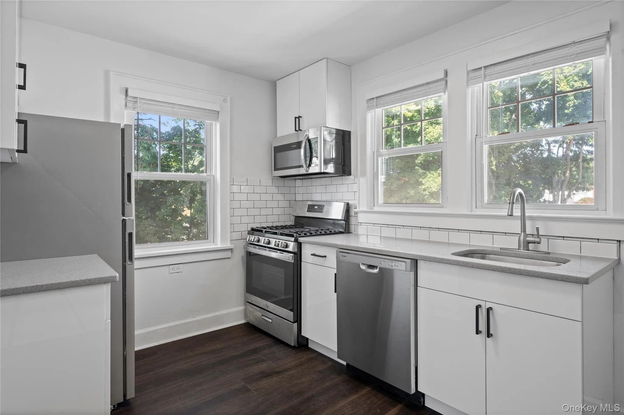 Kitchen featuring stainless steel appliances, white cabinets, dark wood finished floors, and light stone counters Kitchen featuring stainless steel appliances, white cabinets, dark wood finished floors, and light stone counters