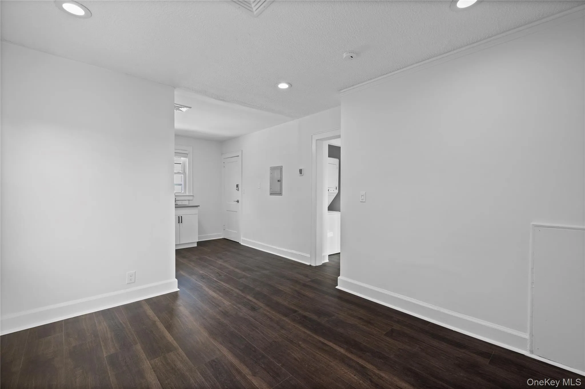 Empty room featuring recessed lighting, dark wood finished floors, electric panel, and washer / dryer Empty room featuring recessed lighting, dark wood finished floors, electric panel, and washer / dryer