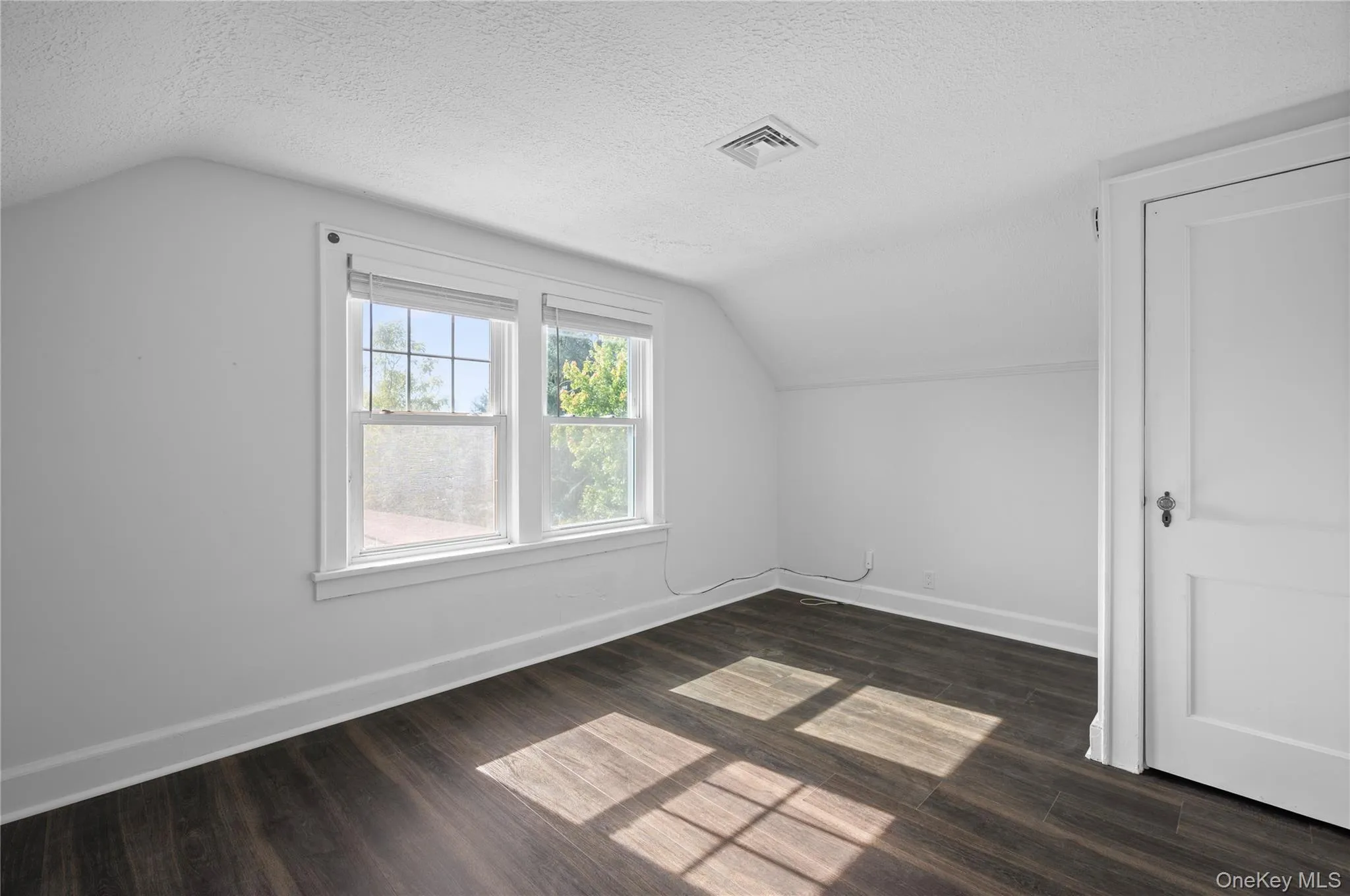 Additional living space featuring vaulted ceiling, a textured ceiling, and dark wood-style floors Additional living space featuring vaulted ceiling, a textured ceiling, and dark wood-style floors