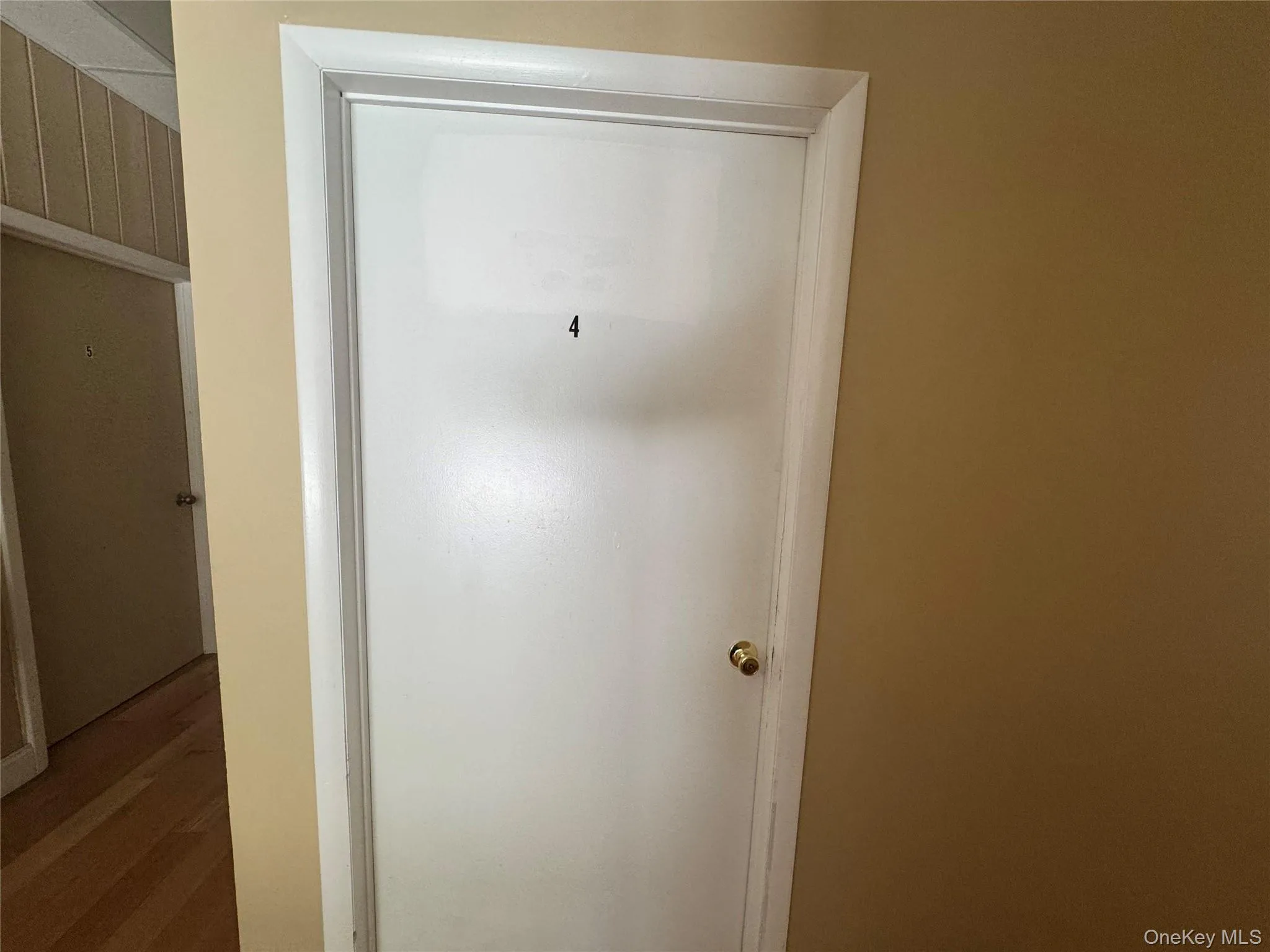 White interior door with brass-finish hardware, set within a neutral-toned wall White interior door with brass-finish hardware, set within a neutral-toned wall