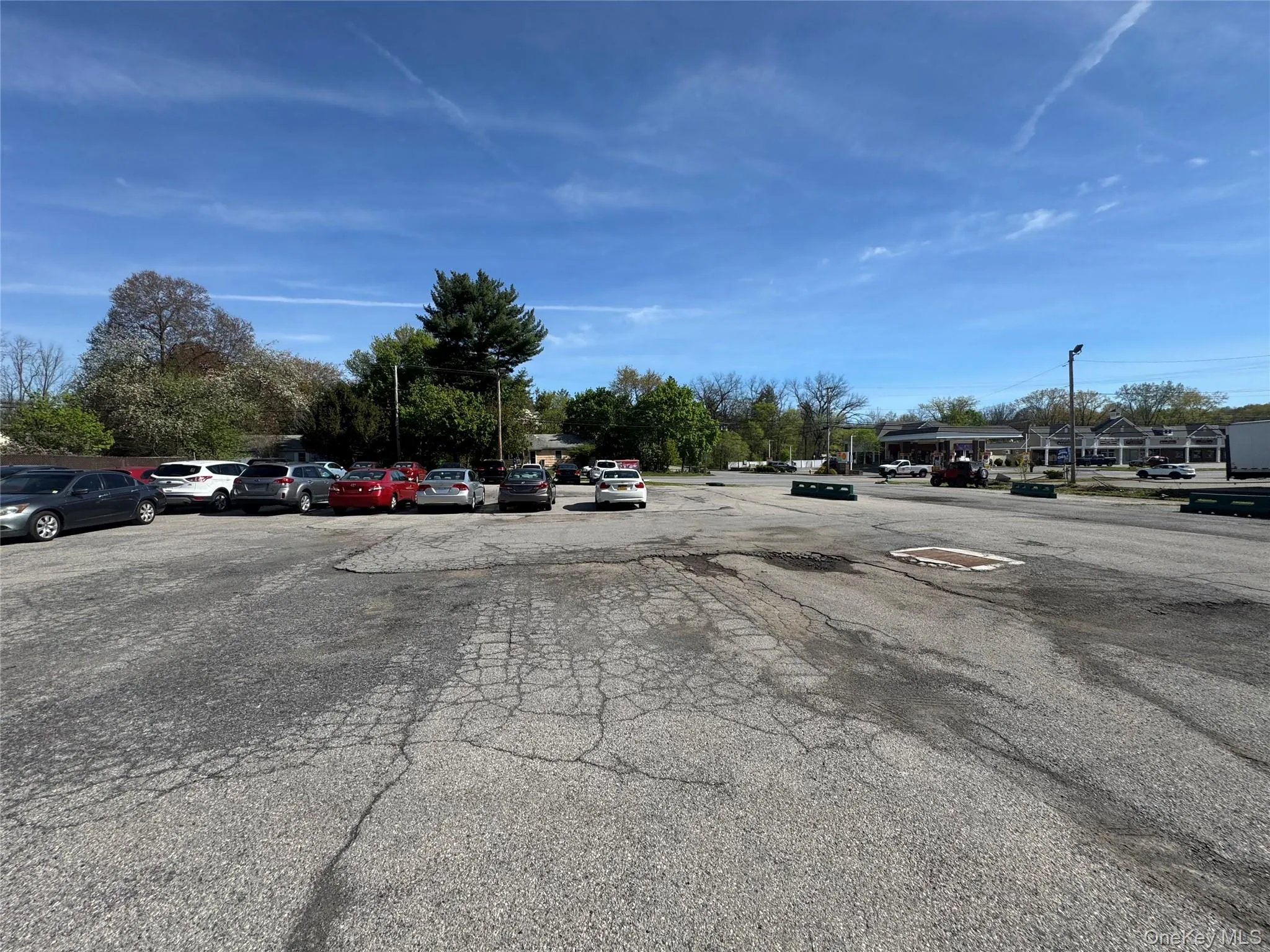 Expansive paved surface with multiple vehicles parked, surrounded by mature trees under a clear sky Expansive paved surface with multiple vehicles parked, surrounded by mature trees under a clear sky