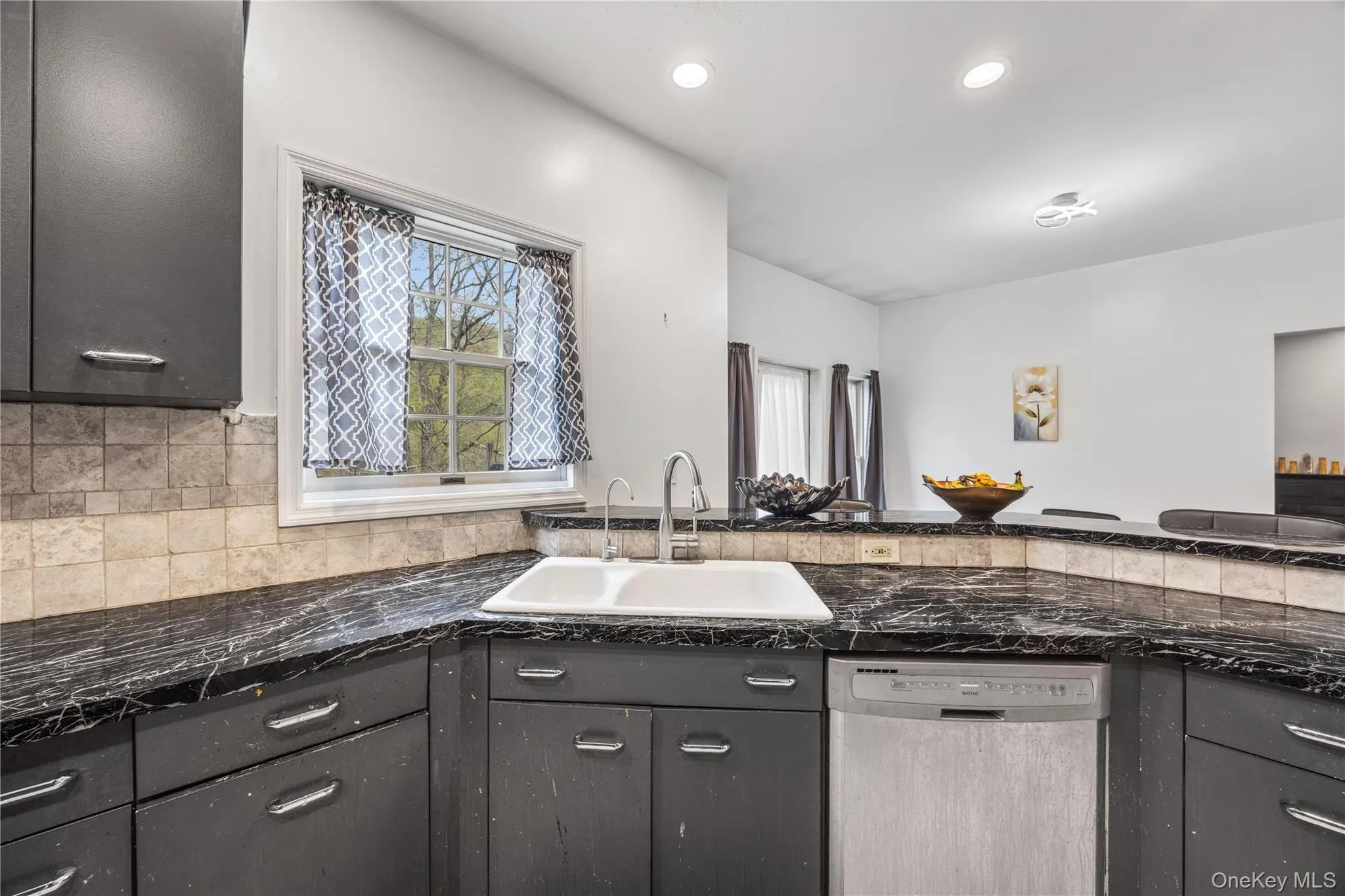 Kitchen featuring dark cabinetry, speckled countertops, stainless steel sink with a single-handle faucet, and a stainless steel dishwasher Kitchen featuring dark cabinetry, speckled countertops, stainless steel sink with a single-handle faucet, and a stainless steel dishwasher