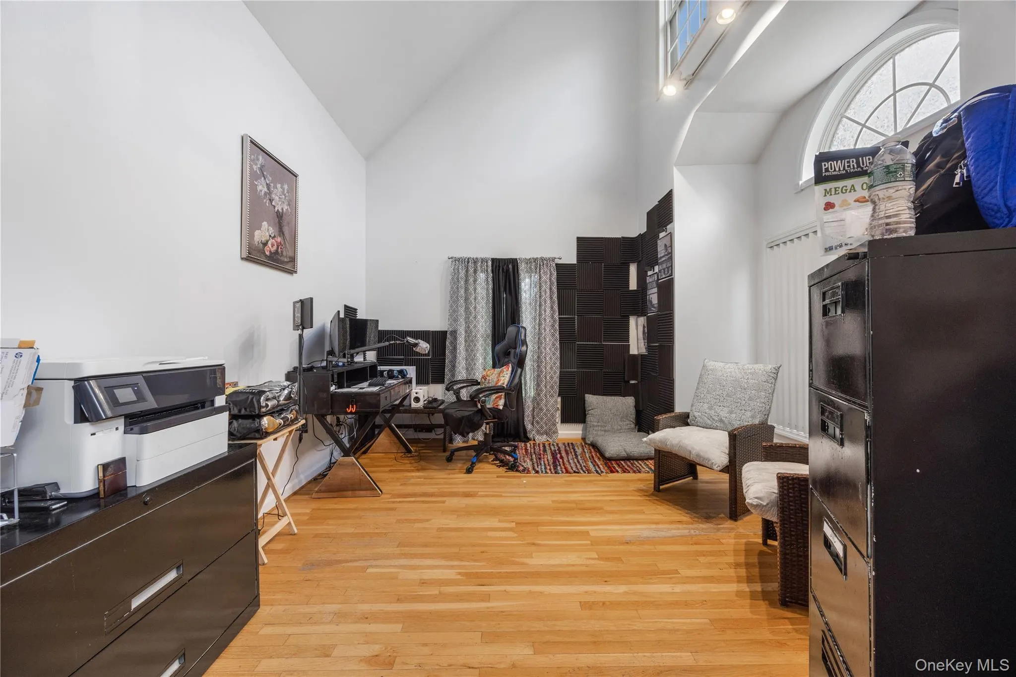 Spacious room featuring vaulted ceilings, light wood-finish flooring, an arched window, and track lighting Spacious room featuring vaulted ceilings, light wood-finish flooring, an arched window, and track lighting