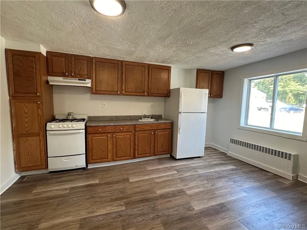 Kitchen featuring white appliances, dark hardwood / wood-style flooring, a textured ceiling, radiator, and sink Kitchen featuring white appliances, dark hardwood / wood-style flooring, a textured ceiling, radiator, and sink