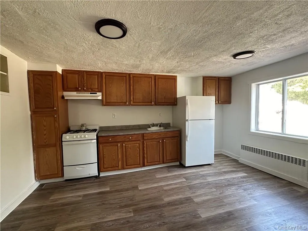 Kitchen with sink, radiator heating unit, white appliances, a textured ceiling, and dark wood-type flooring Kitchen with sink, radiator heating unit, white appliances, a textured ceiling, and dark wood-type flooring