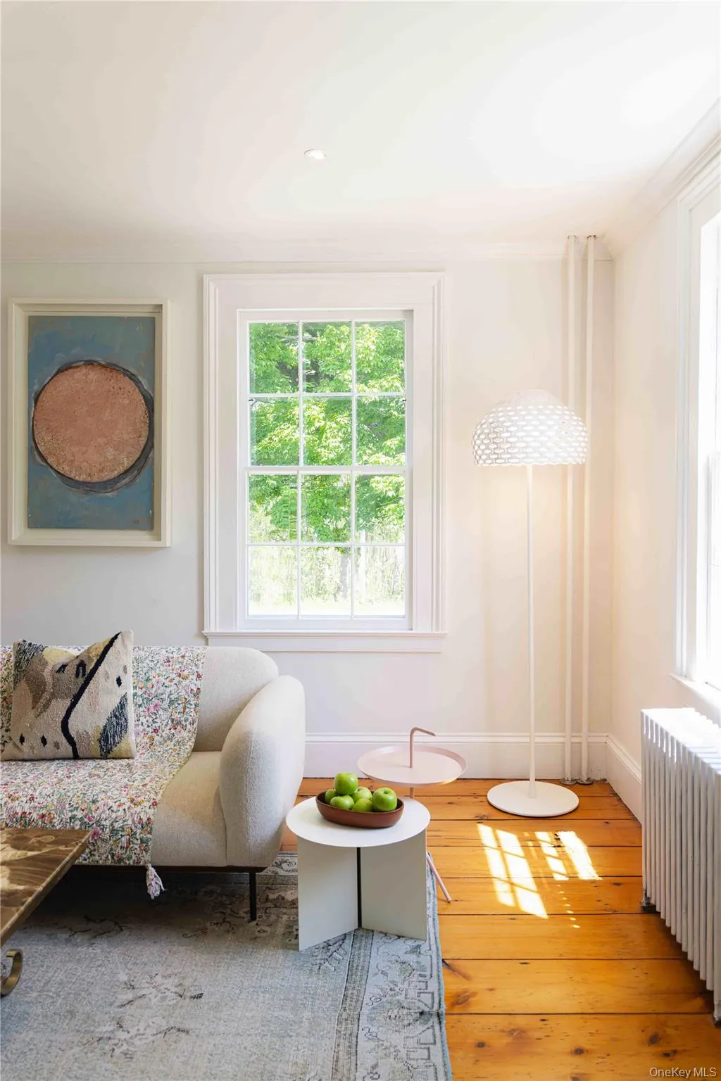 Bright room featuring a multi-pane window, wood-finish flooring, a white baseboard radiator, recessed lighting, and crown molding Bright room featuring a multi-pane window, wood-finish flooring, a white baseboard radiator, recessed lighting, and crown molding