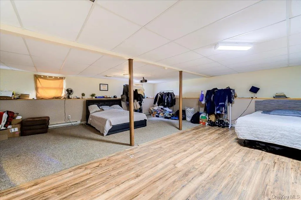 Expansive room featuring wood-finish flooring and a carpeted section Expansive room featuring wood-finish flooring and a carpeted section