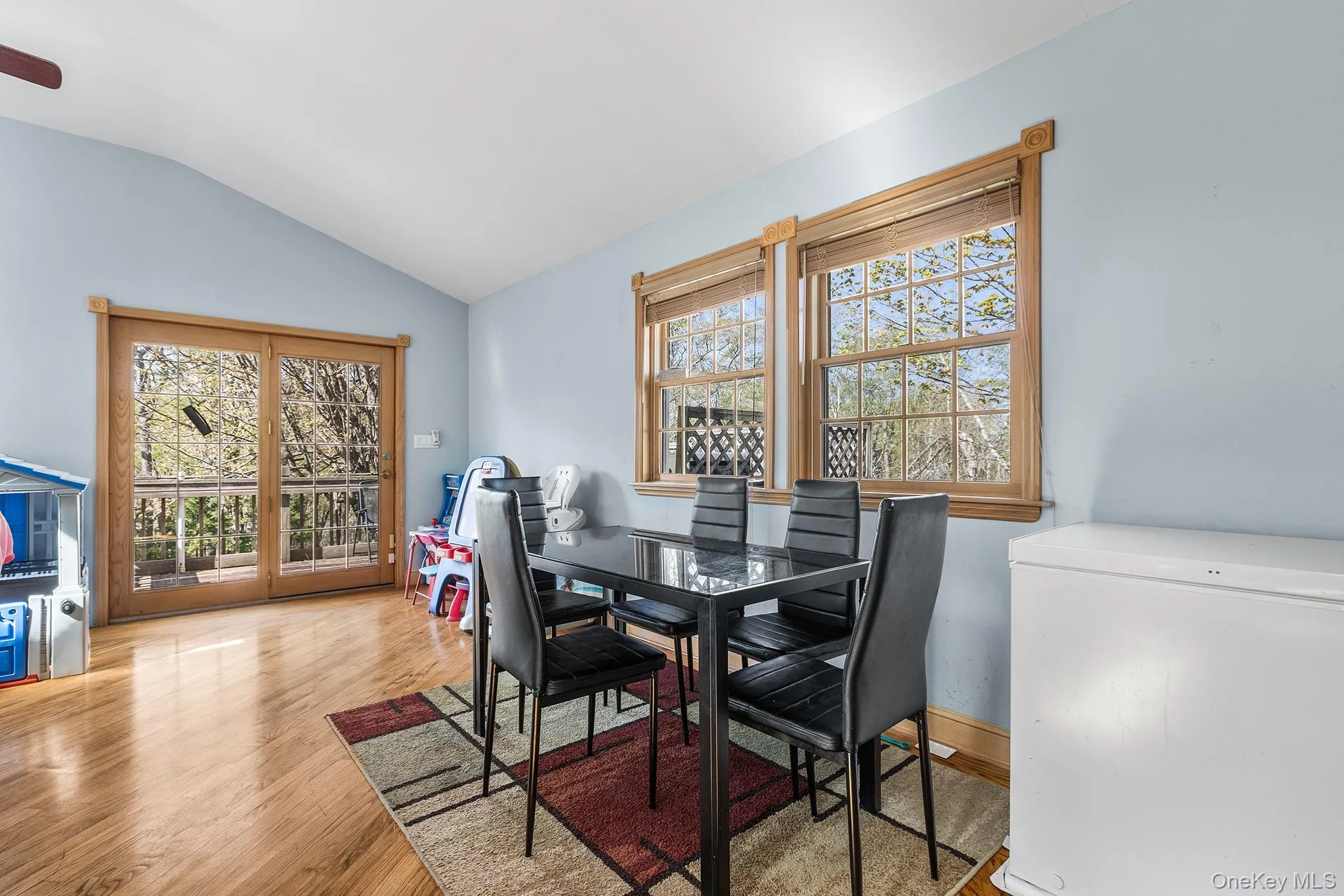 Bright room featuring wood-finish flooring, vaulted ceiling, and light blue walls Bright room featuring wood-finish flooring, vaulted ceiling, and light blue walls