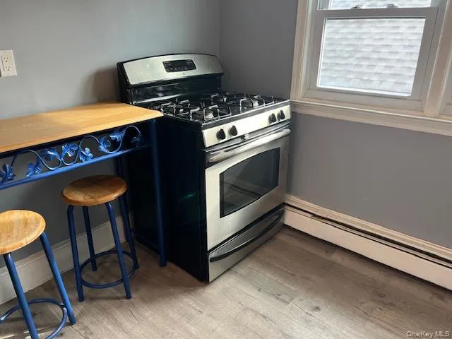 Kitchen with stainless steel gas stove, a baseboard heating unit, light hardwood / wood-style flooring, and a breakfast bar area Kitchen with stainless steel gas stove, a baseboard heating unit, light hardwood / wood-style flooring, and a breakfast bar area