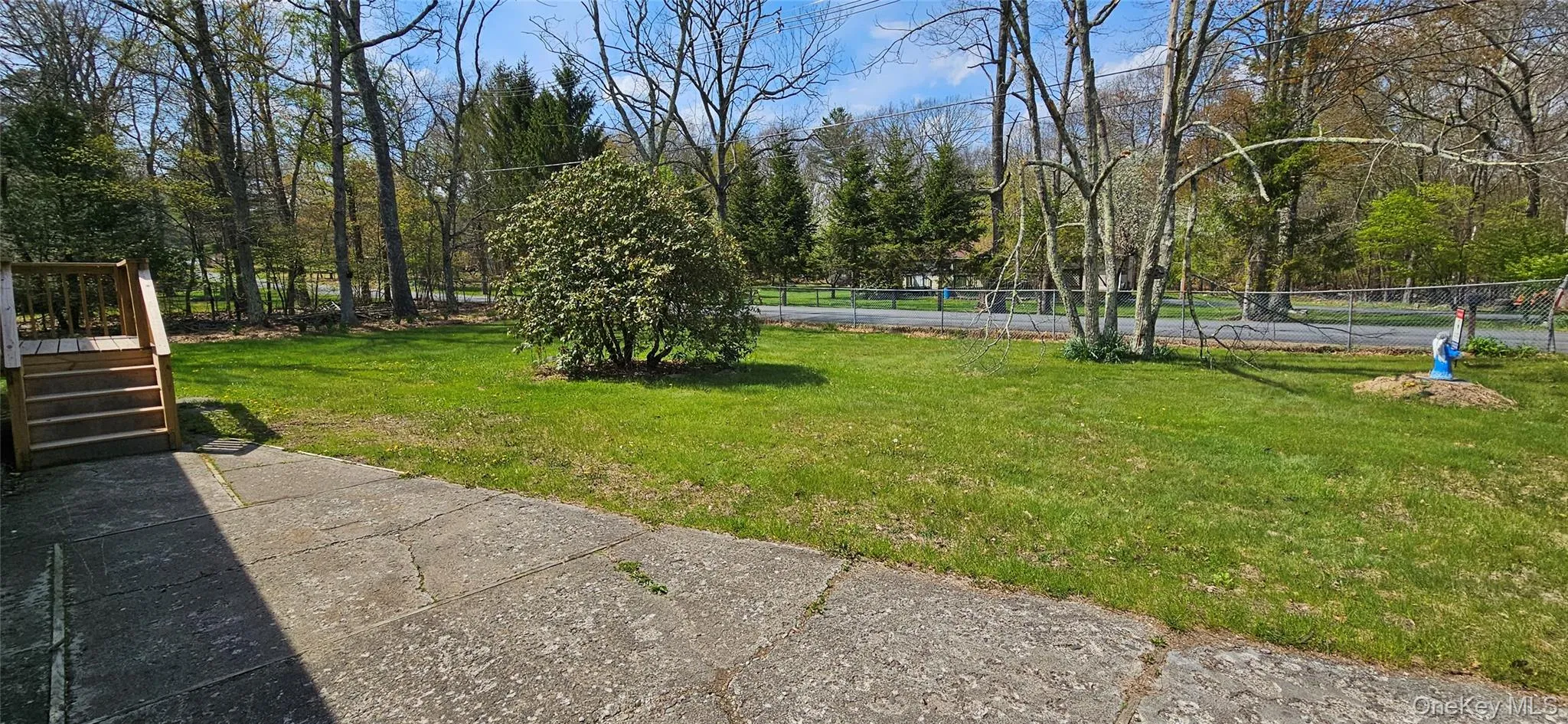 Expansive grassy yard featuring a concrete patio, wood deck with stairs, established trees, and a chain-link fence Expansive grassy yard featuring a concrete patio, wood deck with stairs, established trees, and a chain-link fence