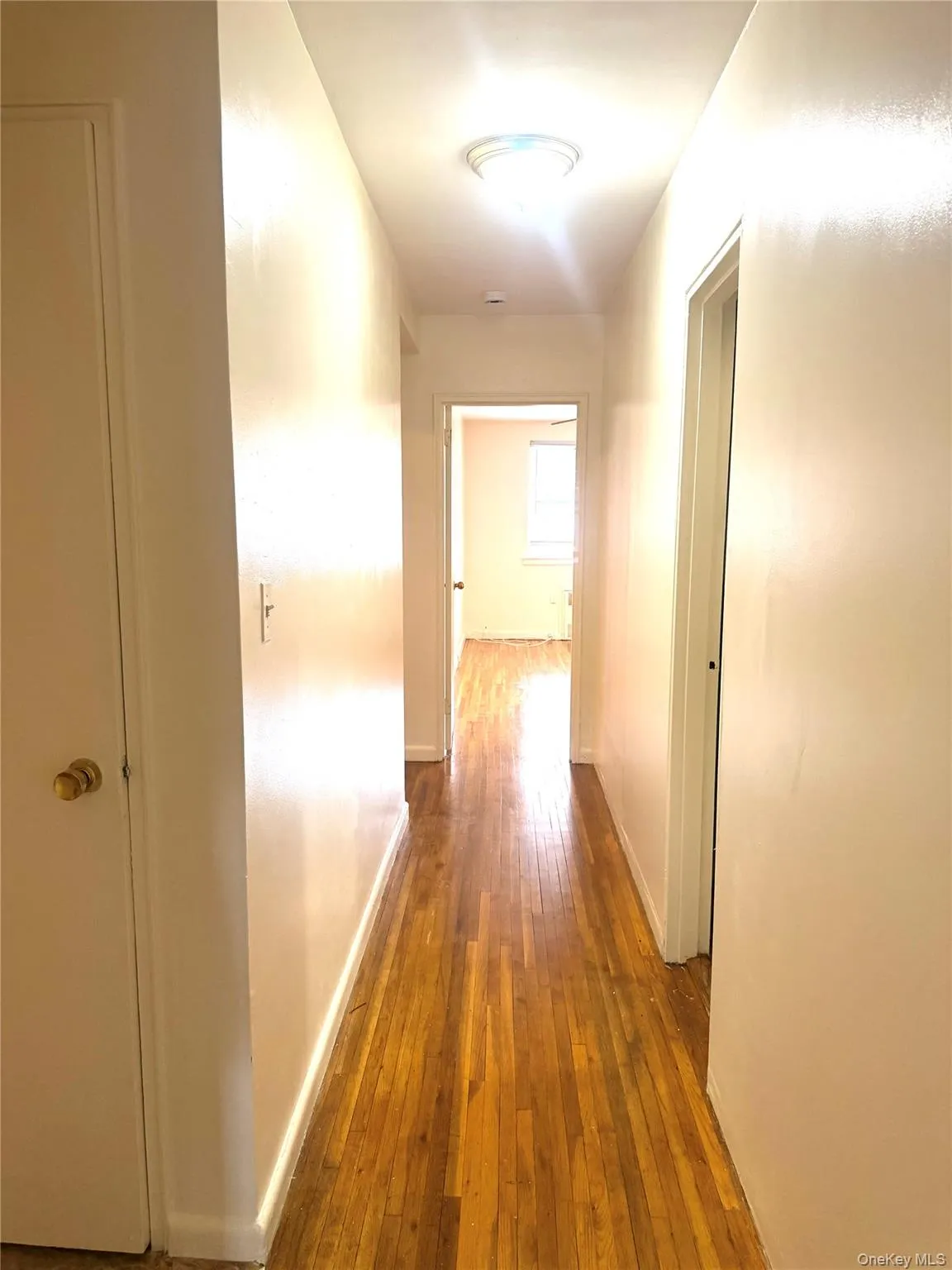 Hardwood flooring extends throughout this interior hallway, illuminated by an overhead flush-mount light fixture Hardwood flooring extends throughout this interior hallway, illuminated by an overhead flush-mount light fixture