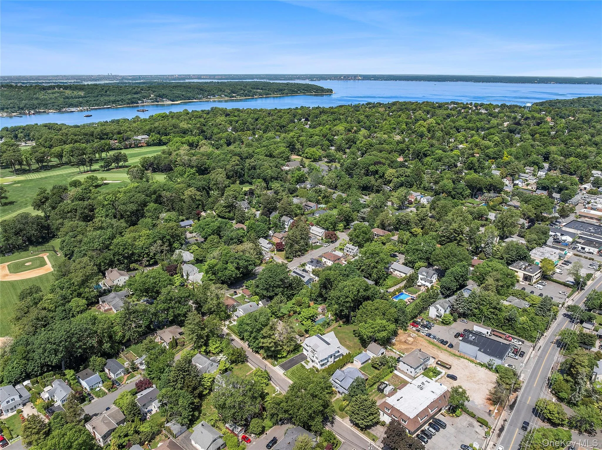 Aerial perspective showcasing a verdant landscape with extensive tree canopy, residential properties, and a prominent body of water in the background Aerial perspective showcasing a verdant landscape with extensive tree canopy, residential properties, and a prominent body of water in the background