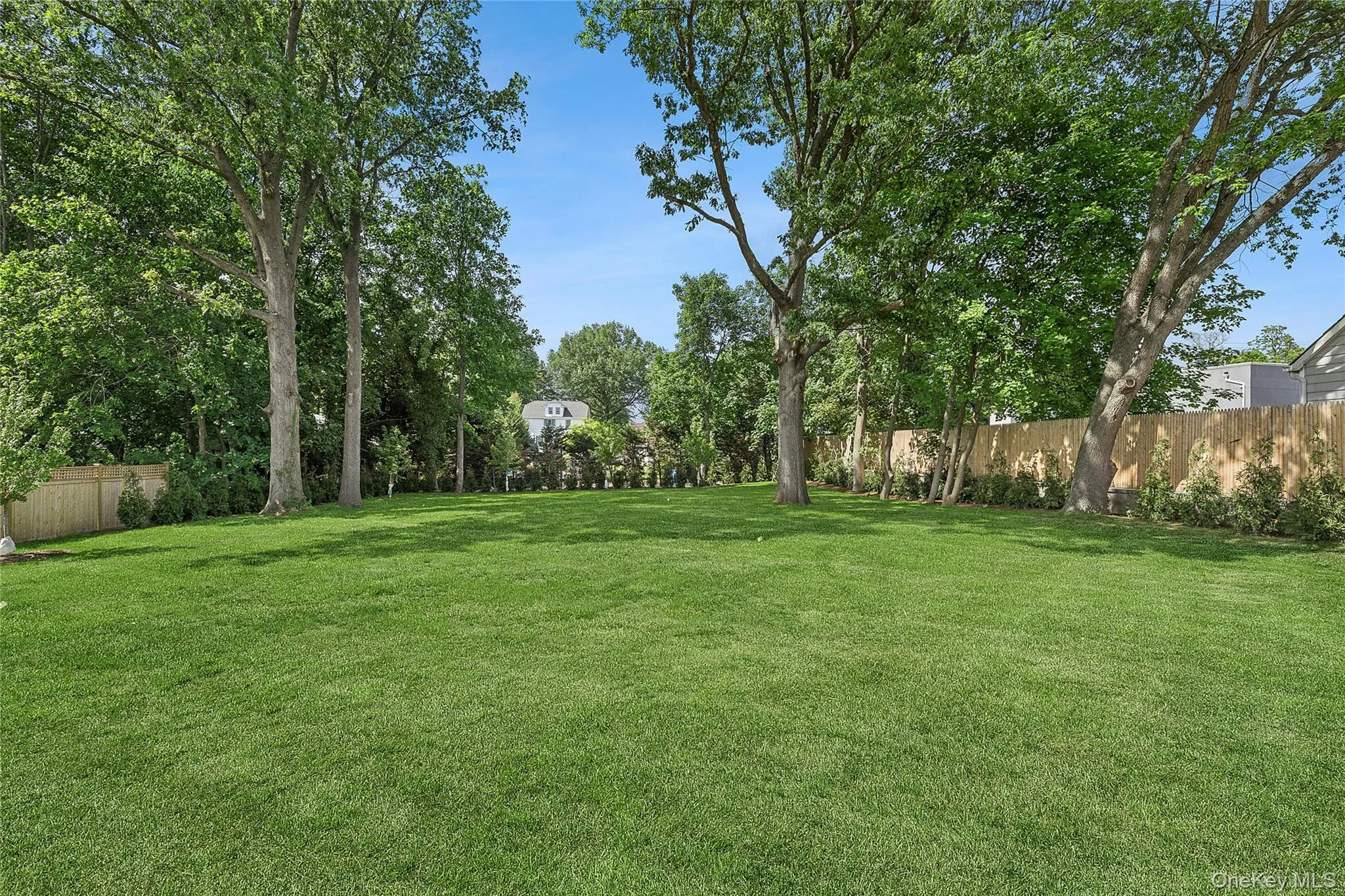 Expansive green lawn framed by mature trees Expansive green lawn framed by mature trees