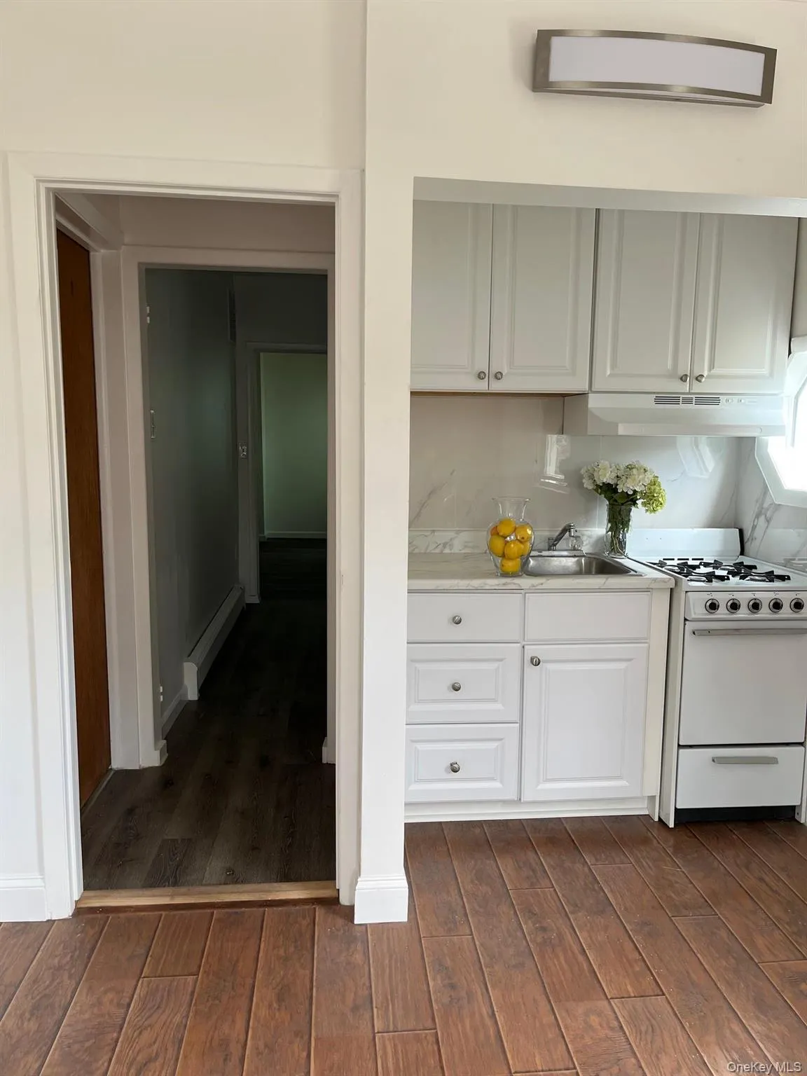 Kitchen with dark wood-style flooring, a sink, gas range gas stove, a baseboard radiator, and under cabinet range hood Kitchen with dark wood-style flooring, a sink, gas range gas stove, a baseboard radiator, and under cabinet range hood