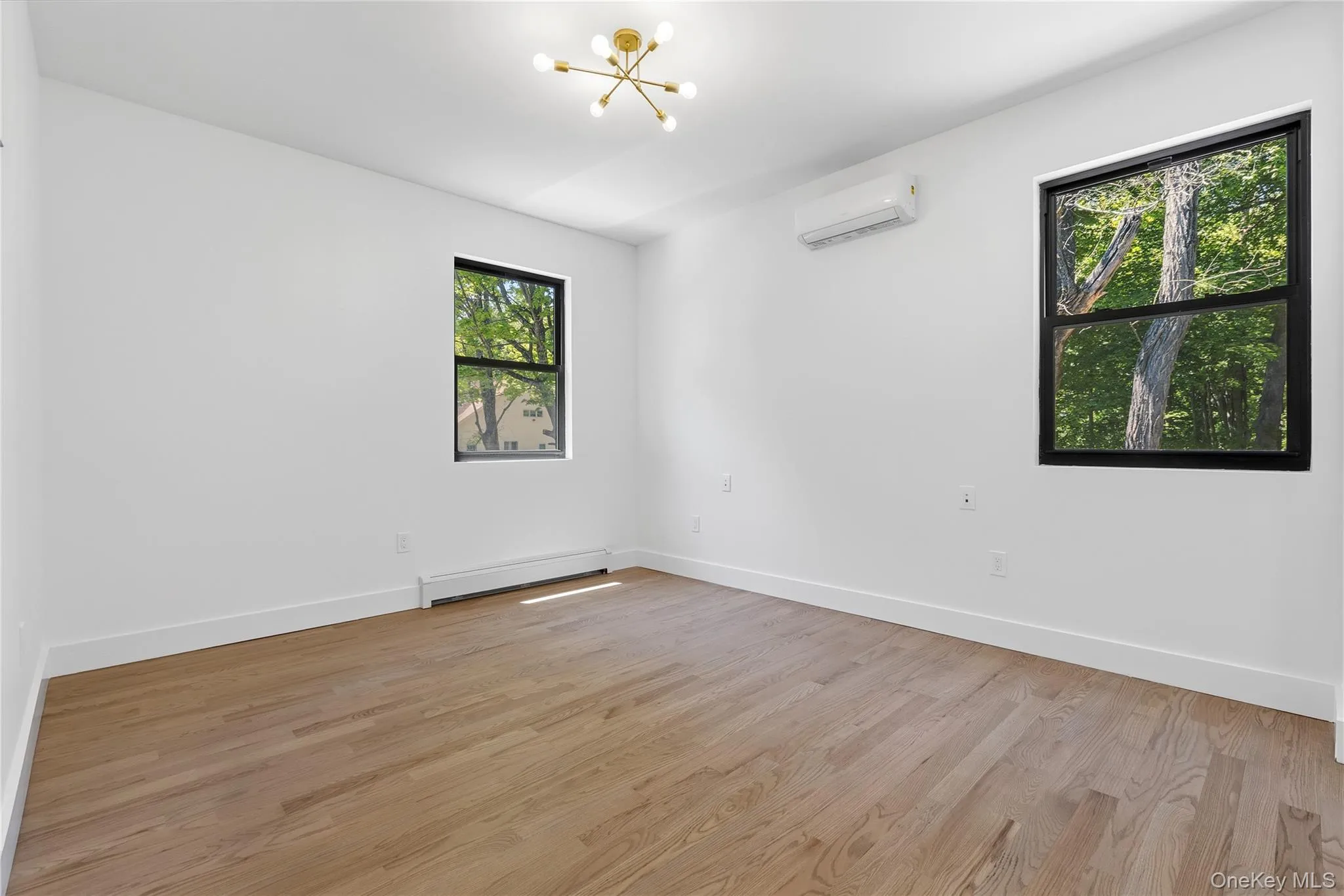 Spacious room featuring light wood-finish flooring, crisp white walls, and two black-framed windows Spacious room featuring light wood-finish flooring, crisp white walls, and two black-framed windows