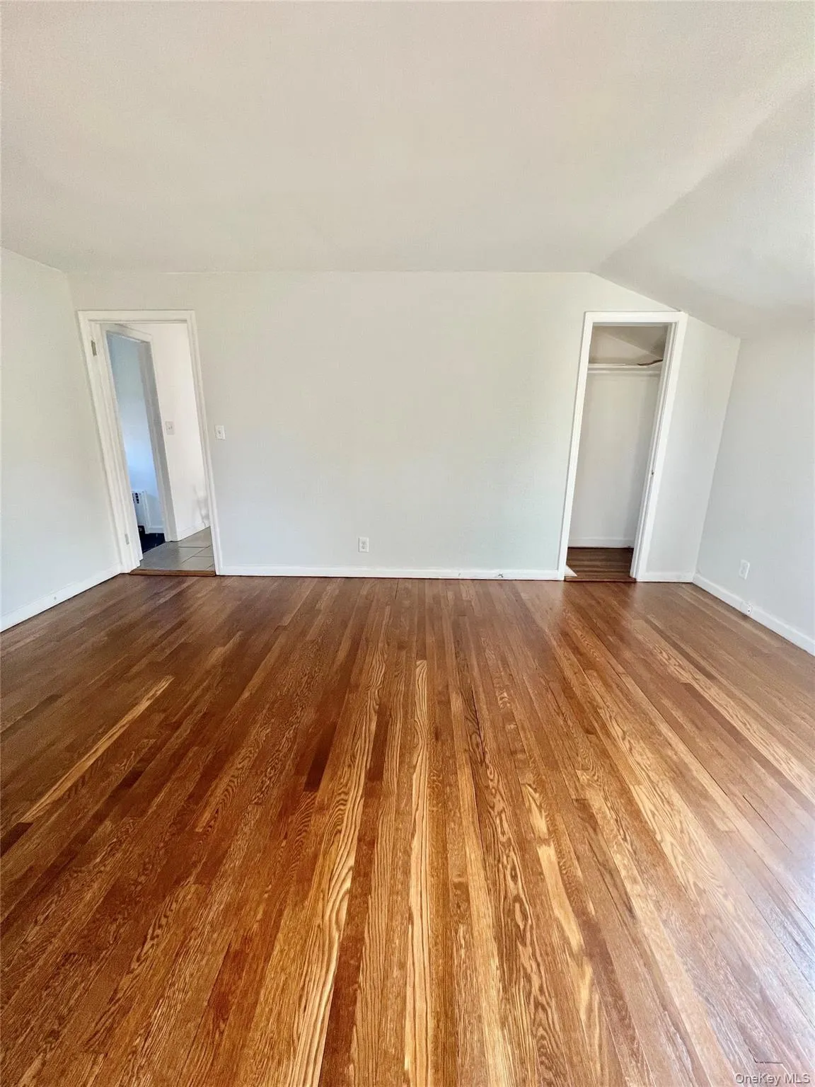 Hardwood flooring, light neutral wall paint, white trim, and a built-in closet with hanging rod Hardwood flooring, light neutral wall paint, white trim, and a built-in closet with hanging rod