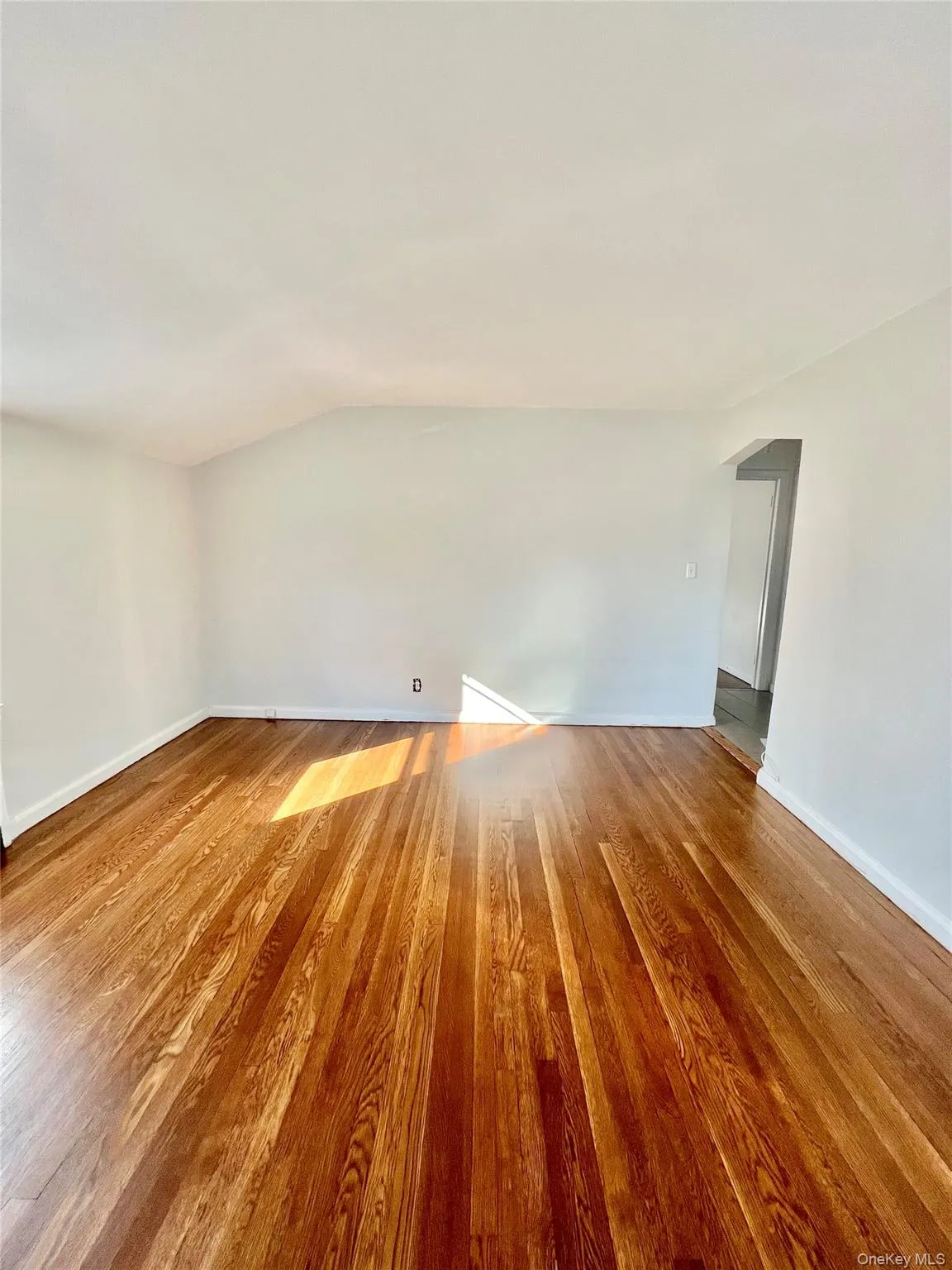 Spacious room featuring wood-finish flooring, white baseboards, and light-colored walls Spacious room featuring wood-finish flooring, white baseboards, and light-colored walls