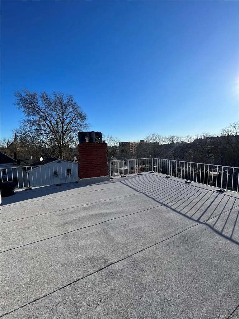 Spacious rooftop deck featuring durable flat roofing and a perimeter safety railing Spacious rooftop deck featuring durable flat roofing and a perimeter safety railing