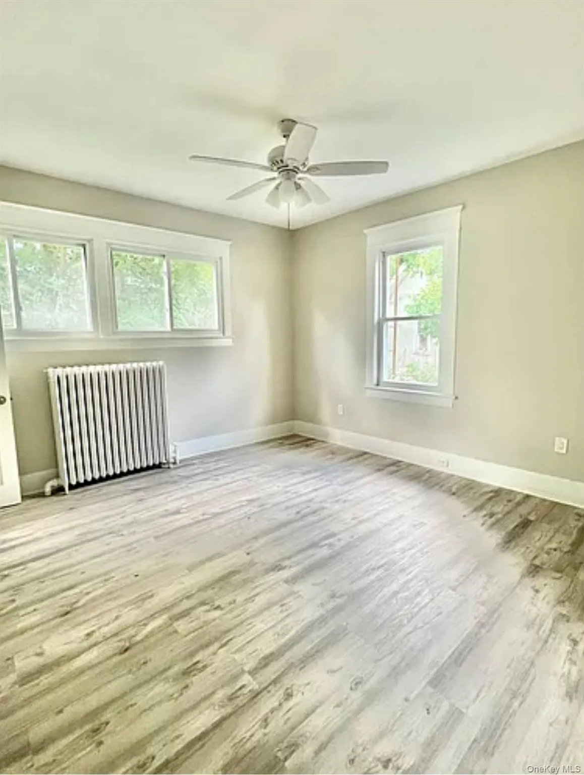 Spacious main bedroom featuring light wood-finish flooring, a ceiling fan with integrated lighting, multiple windows with white trim, and a radiator Spacious main bedroom featuring light wood-finish flooring, a ceiling fan with integrated lighting, multiple windows with white trim, and a radiator