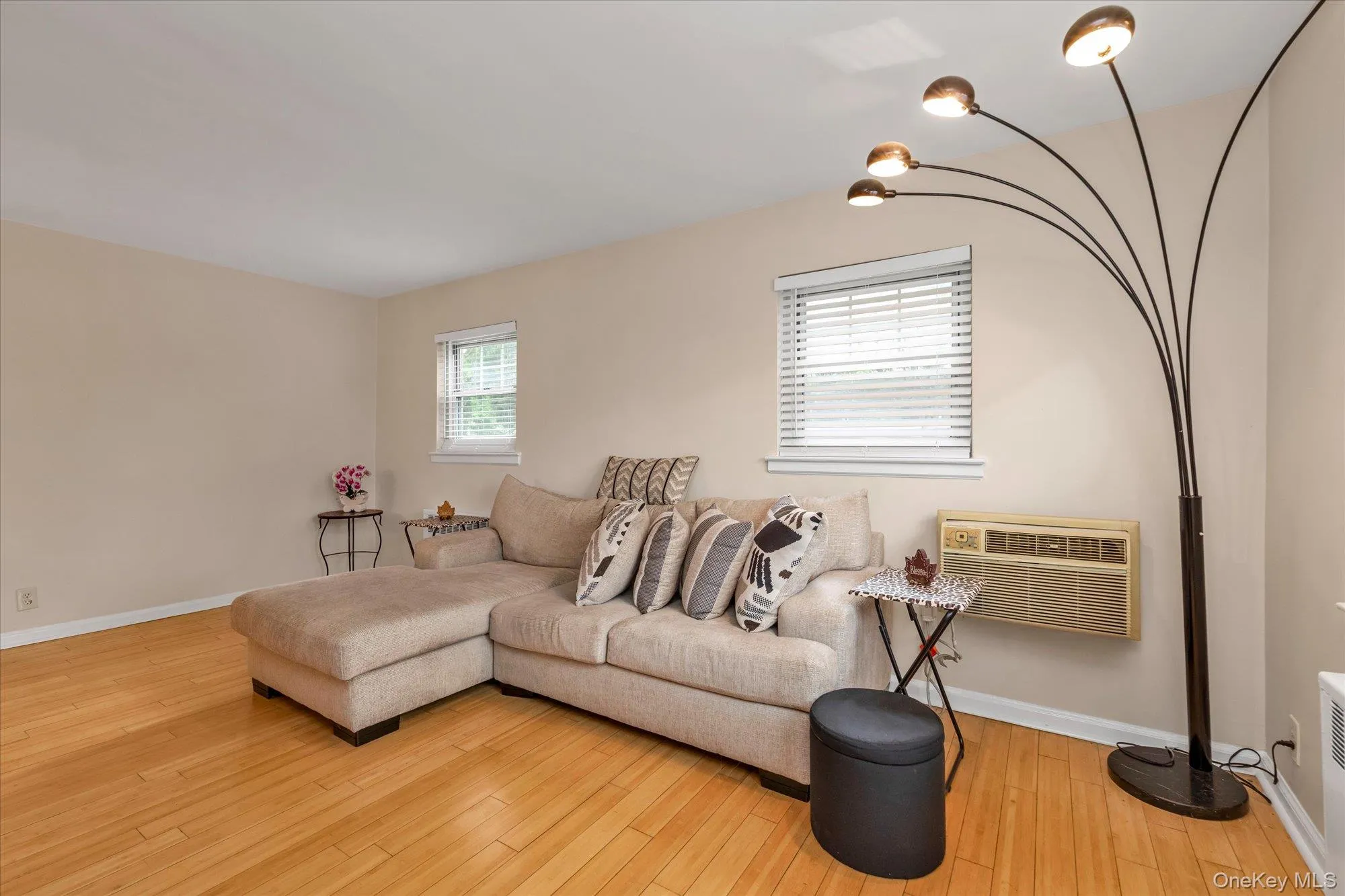Sun-filled Living Room wood-finish flooring, neutral wall tones, and two windows with blinds Sun-filled Living Room wood-finish flooring, neutral wall tones, and two windows with blinds