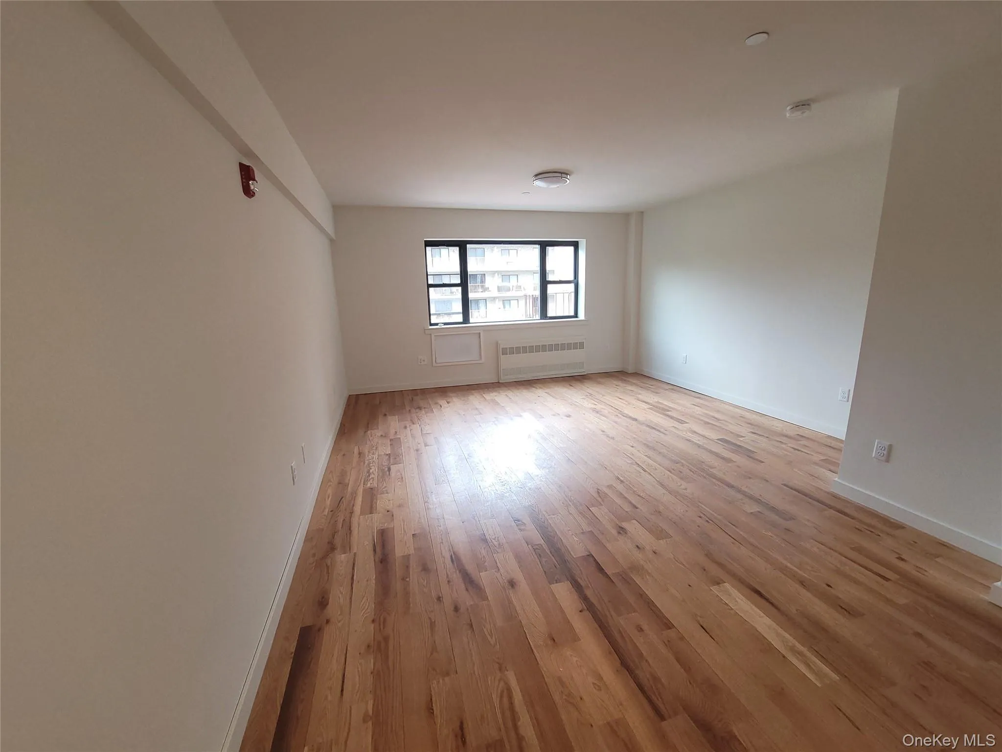 Spacious room featuring wood-finish flooring and a large window Spacious room featuring wood-finish flooring and a large window