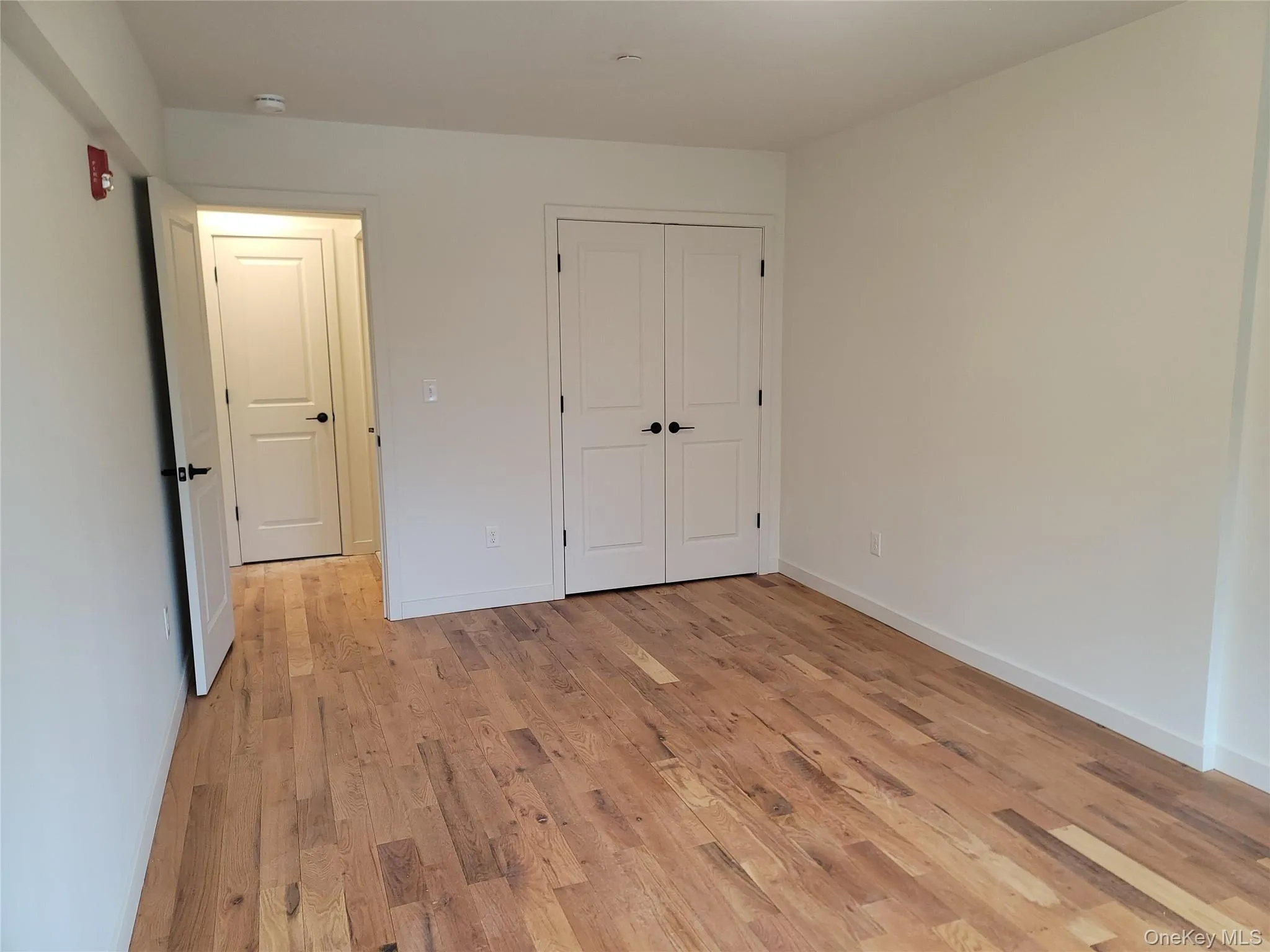 Spacious room featuring wood-finish flooring, white walls, and a double-door closet with matte black hardware Spacious room featuring wood-finish flooring, white walls, and a double-door closet with matte black hardware